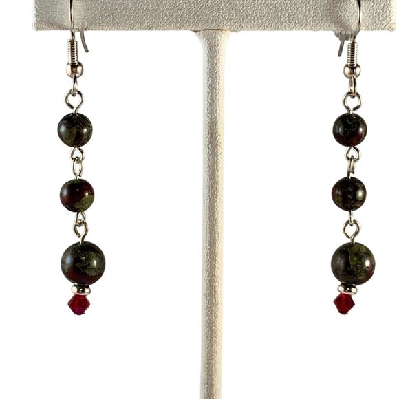 Silver Tone Pierced French Wire Green Stone & Red Crystal Earrings (N10) - Picture 1 of 3